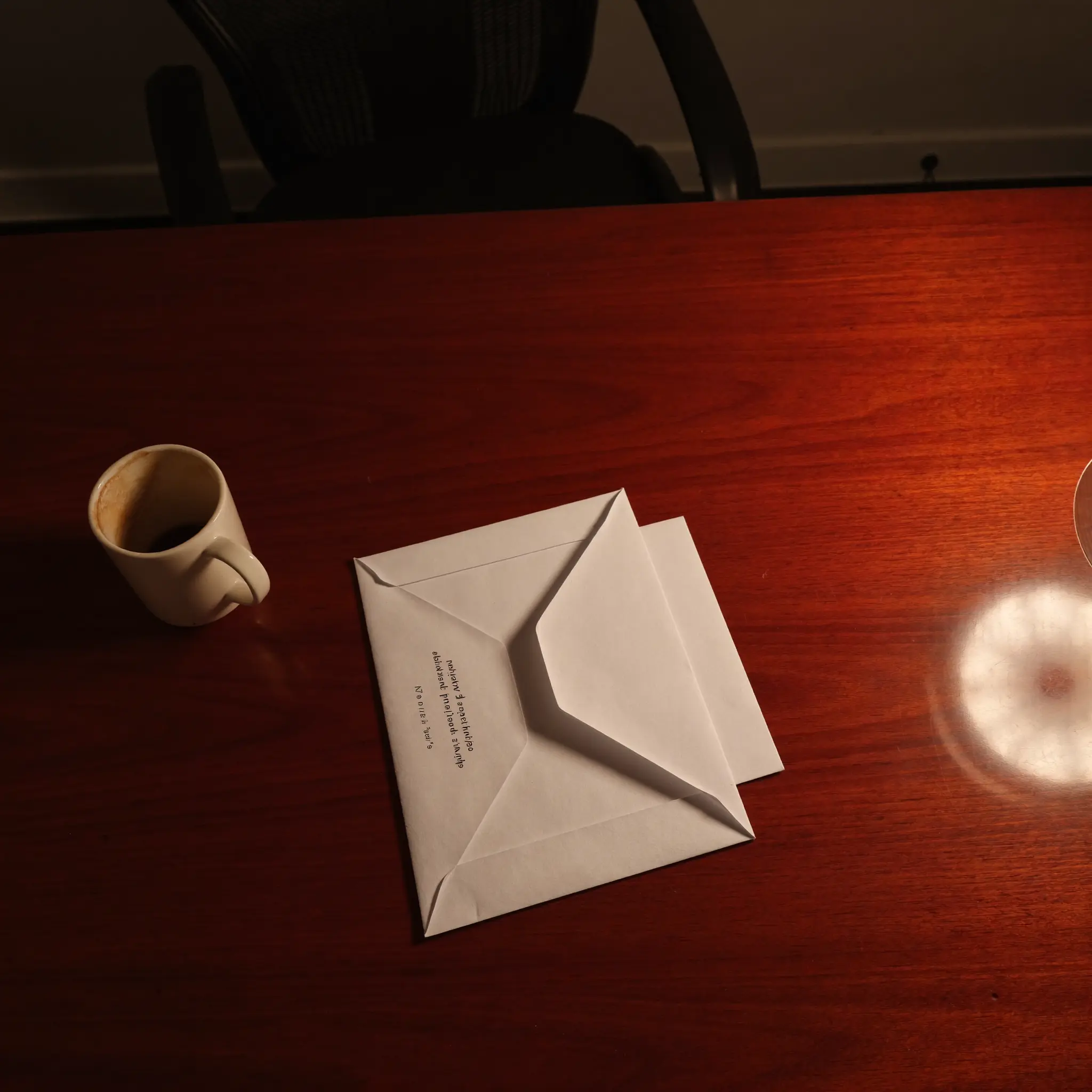 An unattended resignation letter on a dark office desk.